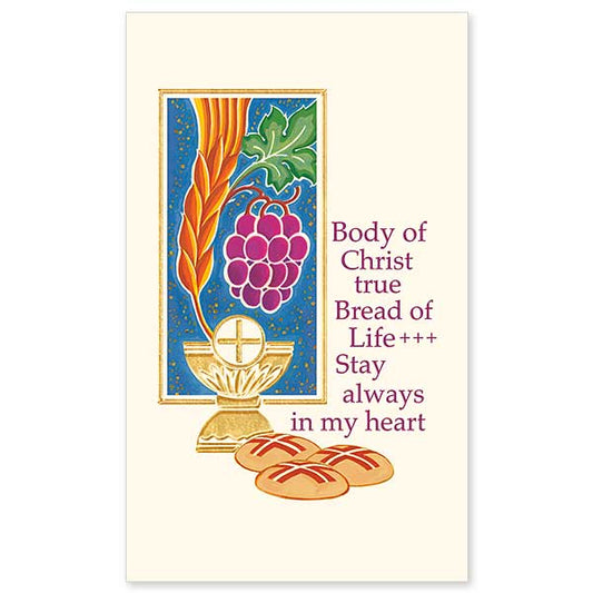 Symbols of the Eucharist: Wheat, grapes, a chalice and host, and loaves of bread. Printed on sturdy, cream-colored cover stock, these cards are perfect for gifts, mailing enclosures, keepsake bookmarks, devotional or parish use. Cards are 3&quot; x 5&quot;. Personalize your holy cards by having them imprinted on the back. We can add your own personal message, Scripture verse or prayer for a small additional charge.