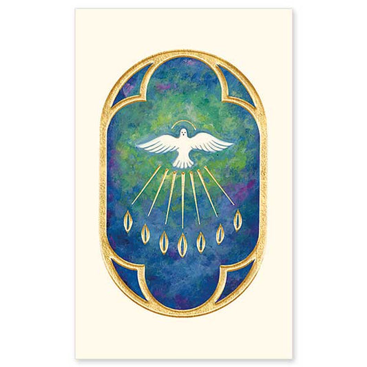 Dove above the flames of fire. Printed on sturdy, cream-colored cover stock, these cards are perfect for gifts, mailing enclosures, keepsake bookmarks, devotional or parish use. Cards are 3&quot; x 5&quot;. Personalize your holy cards by having them imprinted on the back. We can add your own personal message, Scripture verse or prayer for a small additional charge.