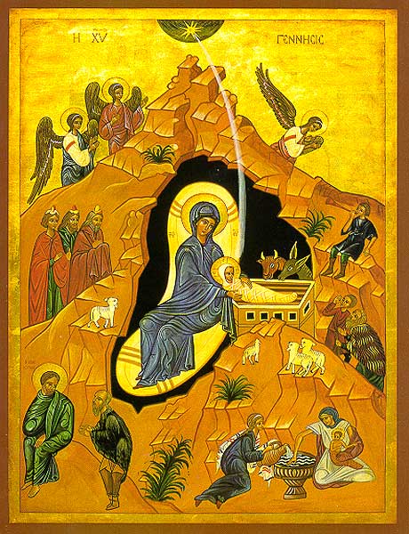 This ancient Byzantine icon of "The Nativity" is far different from the usual scenes of joy and intimacy in western Christian art. It presents the Gospel story with a wealth of symbolic detail, including elements from the Protevangelion of James as well as the Nativity narratives in Luke and Matthew.