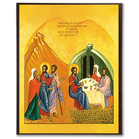 Chapter 24 of Luke's Gospel tells the familiar story about two of Christ's disciples, one named Cleopas, who encounter a mysterious stranger on the road to the town of Emmaus. They only recognize Him as Jesus when they break bread together at the evening meal. This original icon by Sister Marie-Paul intriguingly portrays the unnamed disciple as a woman.