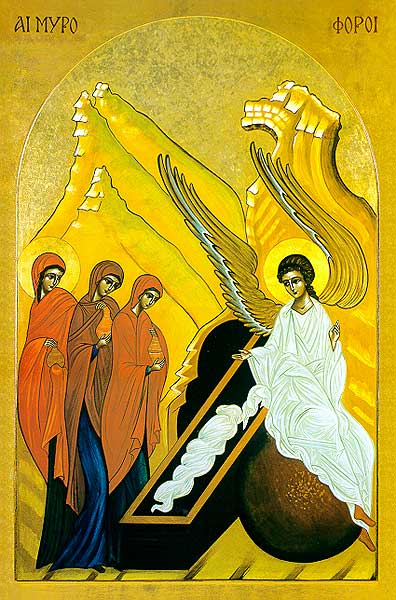 In this icon, Mary Magdalene, Mary the mother of Jesus, and Salome arrive at the tomb, carrying spices to anoint the body of Jesus. They encounter an angel who tells them to be unafraid, Jesus is risen. This icon, whose design dates from third century, is a beautiful reminder of the Easter miracle. It is also known as the Myrrh bearers.""