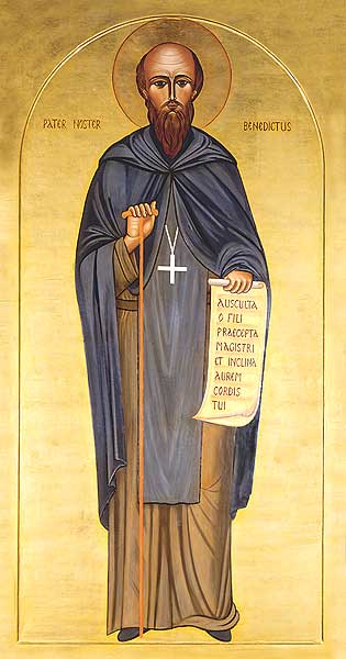 This icon portrays the founder of the Benedictine order dressed as an abbot, holding a scroll symbolizing his famous Rule for Monks. The words written upon it in Latin are those from its very beginning: "Listen carefully, my son, to the master's instructions, and attend to them with the ear of your heart." The original hangs in the Basilica of the Immaculate Conception at Conception Abbey in Missouri.