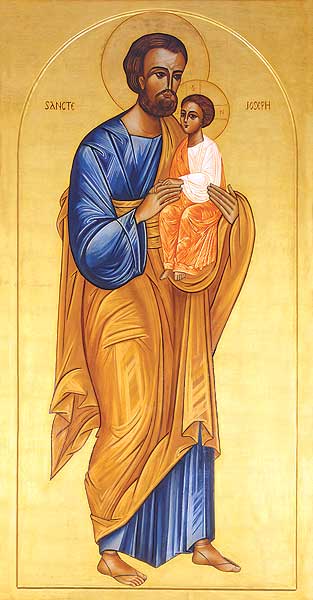 Our community commissioned this icon from Sister Marie-Paul to occupy the head of the left aisle in our Abbey Basilica. Devotion to Saint Joseph has always been strong among the monks of Conception Abbey. The example he set of faithful service and labor dovetails with the Benedictine model of ora et labora"" (""pray and work"")."