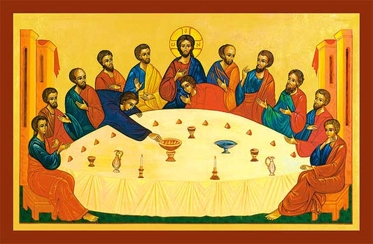 The title The Secret of the Meal"" refers to the mystical reality of the institution of the Eucharist at the Last Supper. Christ is the central figure in this icon and is the only one who looks directly at us. Jesus holds his right hand  not straight up as in traditional blessing position  but up-turned and opened as to show how he is offering his very body and blood for food to save all people of good will. We see eleven pyramid shaped halves of bread in front of the apostles and their obvious"