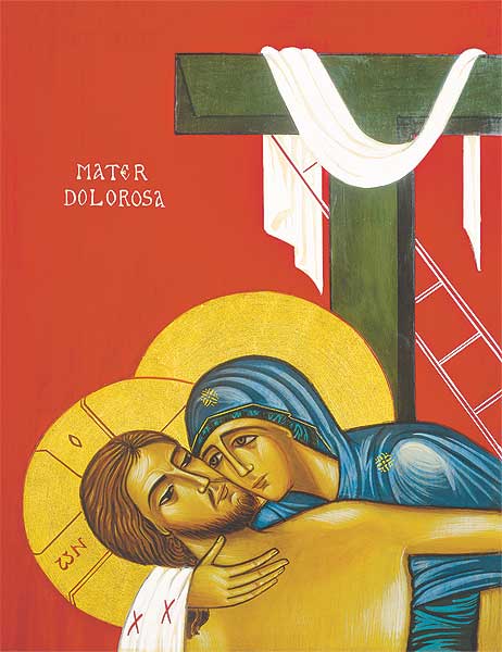The icon of the Sorrowful Mother is a synthesis of several traditional icon motifs. This scene is taken from the account of the Passion (see Mt 27:57-61, Mk 15:46, Lk 23:50-53, Jn 19:38-40). We can all identify with the grief of the Blessed Virgin as she cradles her son and Our Lord in her arms. The piercing red background reminds us of Christ's sacrifice, while the cross stands in triumph as the instrument of His defeat over death.