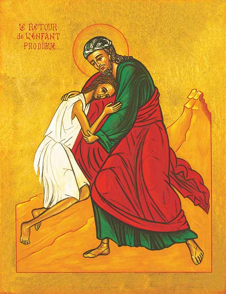 This icon recounts Jesus' parable from Luke's Gospel 15:11-32, commonly called the Prodigal Son. Here we observe the moment when son who squandered his inheritance has returned in shame only to be embraced by his father. This is an original design by Sr. Marie Paul, but is a familiar depiction in Western art. It is a wonderful aid for meditating on God's infinite mercy.