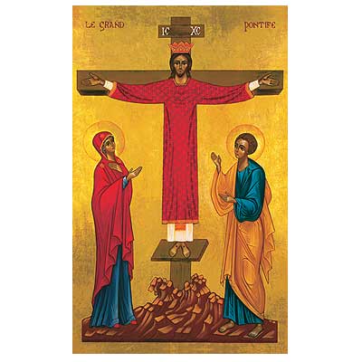 This image by Sr. Marie Paul, OSB, is a synthesis of two classical icons. The first is the Crucifixion; the second is Christ the High Priest. The Crucifixion image has been used from earliest times. A lesser-known icon is that of Christ the High Priest. The depiction originated in the Balkans in the fourteenth century and spread throughout the Orthodox world. Christ is shown on the cross fully vested, both Sacrifice and Intercessor. He is flanked by Mary His mother and St. John the Evangelist.