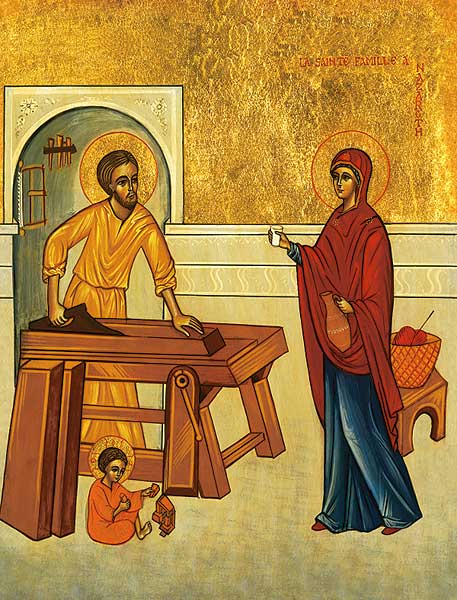 This sacred image depicts the home life of the Holy Family at Nazareth where St. Joseph provided for his family and taught his foster son the trade of carpentry. This scene is a model of Christian community based on prayer, teaching, work, sharing and love.