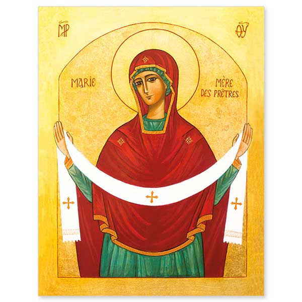Icon image of Mary the Mother of Priests written by Sr. Marie-Paul Farran, OSB. Sr. Marie-Paul lived with her community on the Mount of Olives in Jerusalem.