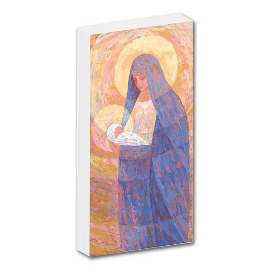 Mary holding the infant Jesus, in blues on a golden background