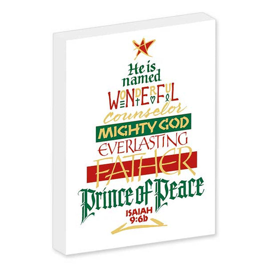 Red, green and gold calligraphy message in the shape of a Christmas tree