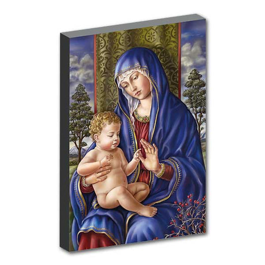 Classic painting of the Madonna and Child among olive trees. Thorny bush with red berries foretells Christ&#39;s passion.