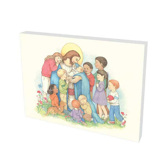 Jesus with muti-race and multi-age children on a warm white background.