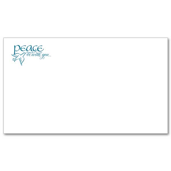 &quot;PEACE be with you&quot; with image of a dove. Printed on sturdy white paper and blank except for the design in the upper left corner and our copyright in small print on the back, the cards measure 3 1/2&quot; x 6&quot; and have specially lined envelopes.
