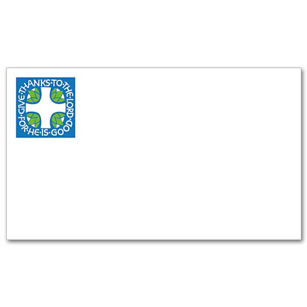 A white cross surrounded by green leaves with white lettering encircling the image on a blue border.<br> Printed on sturdy white paper and blank except for the design in the upper left corner and our copyright in small print on the back, the cards measure 3 1/2&quot; x 6&quot; and have specially lined envelopes.