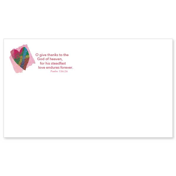 Card-stock notes with envelopes. Red heart on torn paper rectangle with Bible verse.