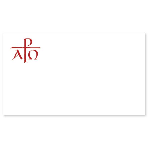 Symbols for Alpha and Omega in red calligraphy centered by a Chi Rho.
