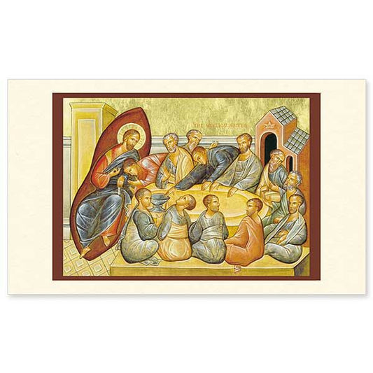 In &ldquo;The Mystical Supper&quot;, Jesus dines with his apostles in this traditional image of the Last Supper. The beloved disciple reclines against the Lord, Peter proclaims his loyalty, while Judas reaches for the dish. This icon would grace any Christian dining room and is the symbol of one of the most important events in the Gospel.