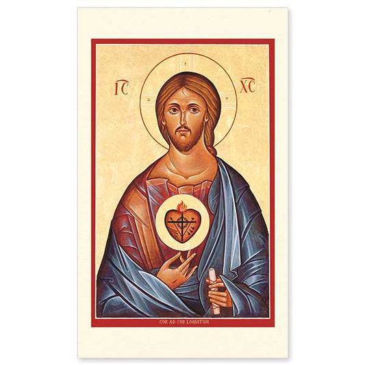 Starting with a traditional icon of Christ Pantocrator, Brother Claude Lane of Mt. Angel Abbey has added the symbol of the Sacred Heart, aflame with love for mankind, bearing the instruments of His suffering.