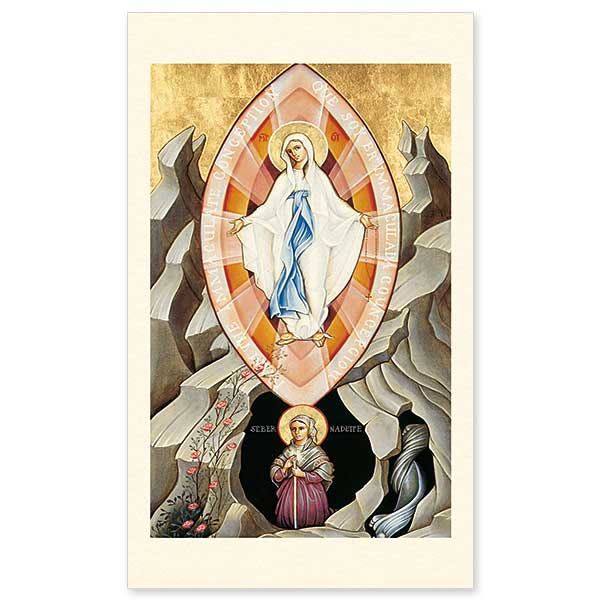 This icon depicts the amazing vision beheld by the child, Bernadette Soubirous, in 1858 near Lourdes, France. Our Lady of Lourdes who revealed &ldquo;I am the Immaculate Conception,&quot; has been popular subject of Catholic veneration for over a hundred years.
