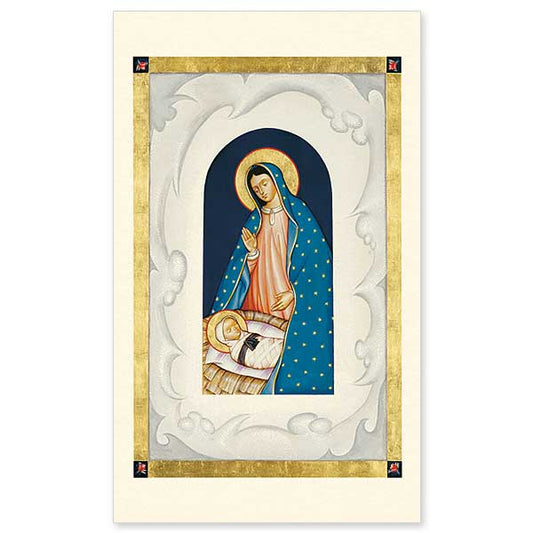Two apparitions of Mary are the inspiration for this original icon. Our Lady of the Snows and Our Lady of Guadalupe both involved natural events at miraculously unnatural times: Snow in August showed Roman Christians where to build St. Mary Major. Roses in December helped Juan Diego convince a skeptical bishop.