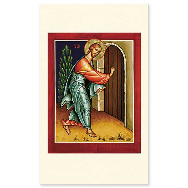 This icon was inspired by the text of Revelation 3:20 as depicted in the familiar painting Christ at Heart&rsquo;s Door by Warner Sallman. Although the subject is unique for an icon, it is presented in conventional iconographic imagery. Christ&rsquo;s stance and shape denote movement, showing that his arrival is urgent. The door is without a handle. He will not force His way in&mdash;we must open and let Him in. It is also quite small, as are our hearts much of the time. This icon appeals to us to accept