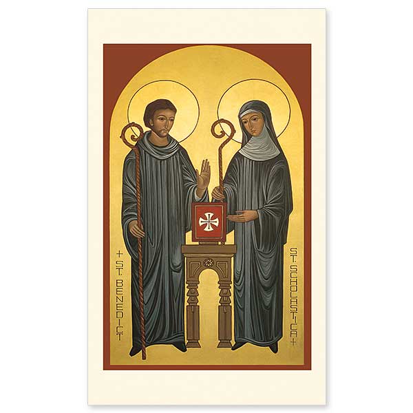 This composition by Sister Mary Charles shows the young St. Benedict and his twin sister, St. Scholastica, founders of the male and female Benedictine monastic orders. The original hangs in the chapel of St. Scholastica&rsquo;s Monastery in Duluth, Minnesota.