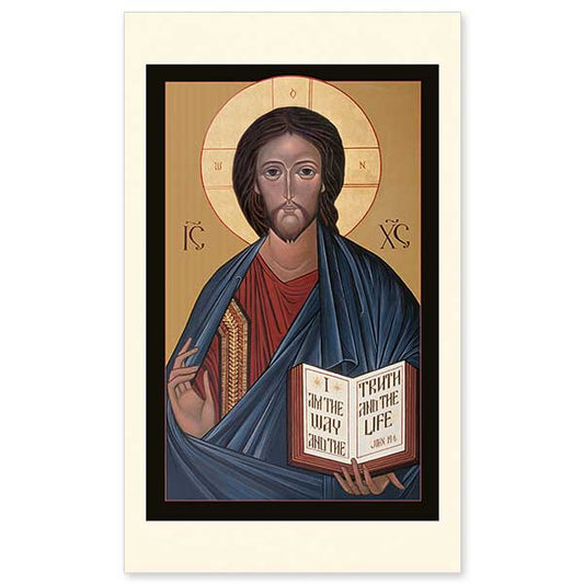 In this icon, Jesus Christ, the Incarnate Word, the Ruler of All (Pantocrator) stands before us, right hand raised in blessing, left hand holding the Word: &ldquo;I am the way, and the truth, and the life.&quot; (John 14:6)