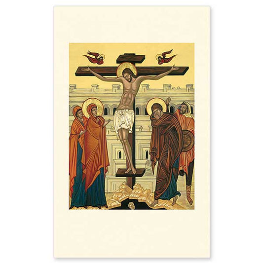 This scene of the Crucifixion follows an ancient Byzantine model dating from the late fourth century. Jesus is flanked on the left by His mother, Mary, and a holy woman. On the right is John the beloved disciple and a centurion. Display and pray with this icon through the Lenten season.