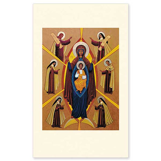 This icon was written to celebrate the great Jubilee of the Lord&rsquo;s Incarnation, but is timeless in its theme. At the center is Christ Emmanuel, the Child of the first coming, surrounded by signs of His second coming in Glory. Behind Him stands Mary, hands raised in prayer, &ldquo;clothed with the sun, with the moon under her feet&quot; as spoken of in Revelation. Six representative saints of Carmel hold out hands of prayerful intercession; the prophet Elijah, Teresa of Avila, Th&eacute;r&egrave;sa o