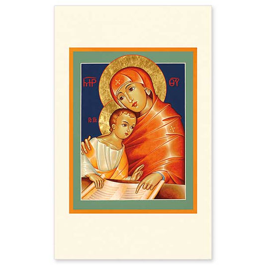 This original icon, written by Rev. Jack Shrum, presents an image of Mary as mother and teacher. She is pictured seated at table instructing her son in the Scriptures, handing on the faith of their ancestors, a symbol for what happens each day in the Church at the celebration of the Eucharist. Rev. Jack Shrum, a native of Billings, Montana, has lived in the Seattle area since 1988. He studied theology for seven years at Mount Angel Seminary, where he also had the opportunity to study iconography under Br.