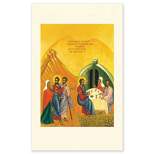 Chapter 24 of Luke&rsquo;s Gospel tells the familiar story about two of Christ&rsquo;s disciples, one named Cleopas, who encounter a mysterious stranger on the road to the town of Emmaus. They only recognize Him as Jesus when they break bread together at the evening meal. This original icon by Sister Marie-Paul intriguingly portrays the unnamed disciple as a woman.