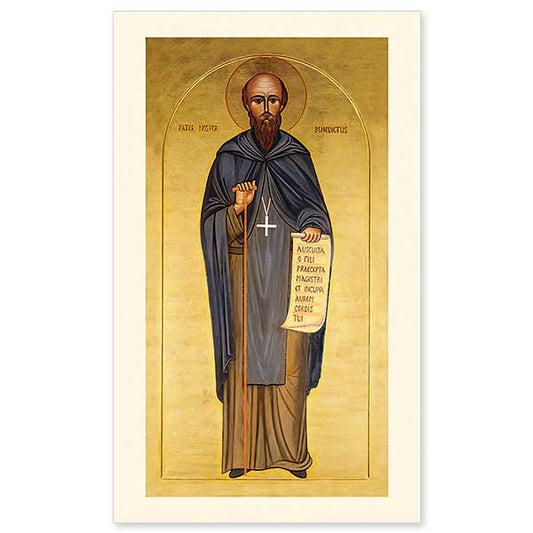 This icon is a full-length image of the founder of our Benedictine order that now graces the right side aisle of our Abbey Basilica. Saint Benedict, dressed as a Benedictine abbot, holds a scroll symbolizing his famous Rule for Monks. The words written upon it in Latin are those from its very beginning: &ldquo;Listen carefully, my son, to the master&rsquo;s instructions, and attend to them with the ear of your heart.&quot;