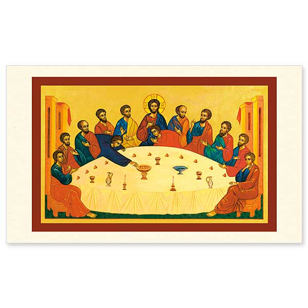 The title &ldquo;The Secret of the Meal&quot; refers to the mystical reality of the institution of the Eucharist at the Last Supper. Christ is the central figure in this icon and is the only one who looks directly at us. Jesus holds his right hand, not straight up as in traditional blessing position, but up-turned and opened as to show how he is offering his very body and blood for food to save all people of good will. We see eleven pyramid shaped halves of bread in front of the apostles and their obvious