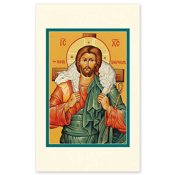 This icon portrays Christ with a lamb on his shoulders and a shepherd&#39;s staff in the crook of his arm. A cross behind him reminds us of his teaching: &quot;The good shepherd lays down his life for the sheep&quot; (John 10:11).