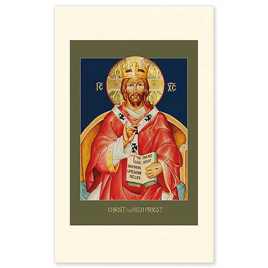 Icon image of Christ the High Priest wearing a red chasuble and dalmatic, seated on a golden throne. A crown is upon his head. A crown of thorns is embossed in his halo. He holds an open book on his lap with the text &quot;The Good Shepherd lays down his life for his sheep.&quot;