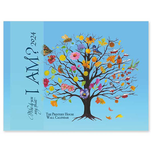 Inspirational 2024 wall calendar featuring biblical quotes and artwork on the theme &quot;Who Do You Say That I Am?&quot; Saddlestich binding.