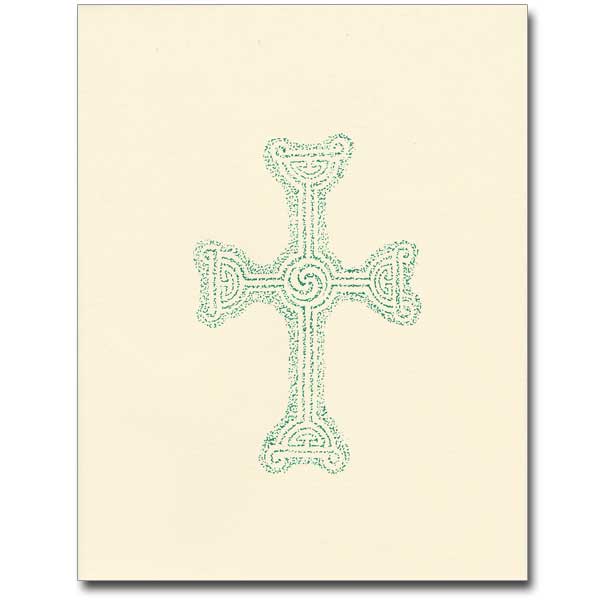 Gravestone rubbings of Celtic crosses on ivory recycled paper. Each package contains 12 cards with matching envelopes. Single fold on heavy ivory stock. Size 4 1/4&quot; x 5 1/2&quot;.