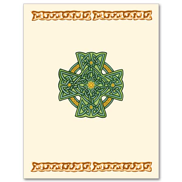 <p>An equilateral Celtic knotwork cross in shades of green with gold stones set at the center and at the end of each arm of the cross. A green and gold knotwork circle is in the background of the cross.</p>
