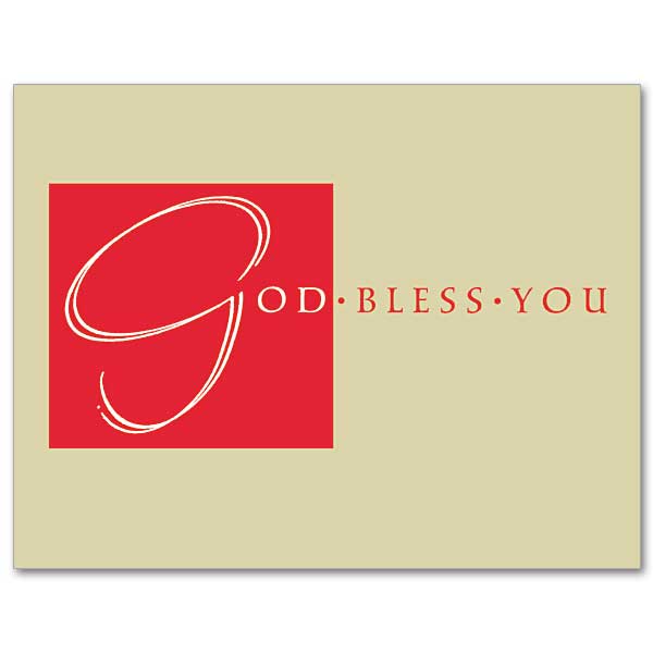 The word &quot;God&quot; is written in white on a red square. The words &quot;Bless You&quot; are written in red on the golden tan background color of the card.