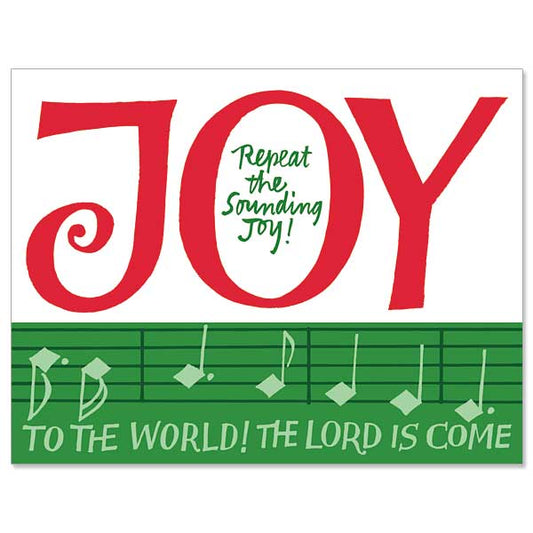 Lettering card featuring a large red joy with a greeen music staff