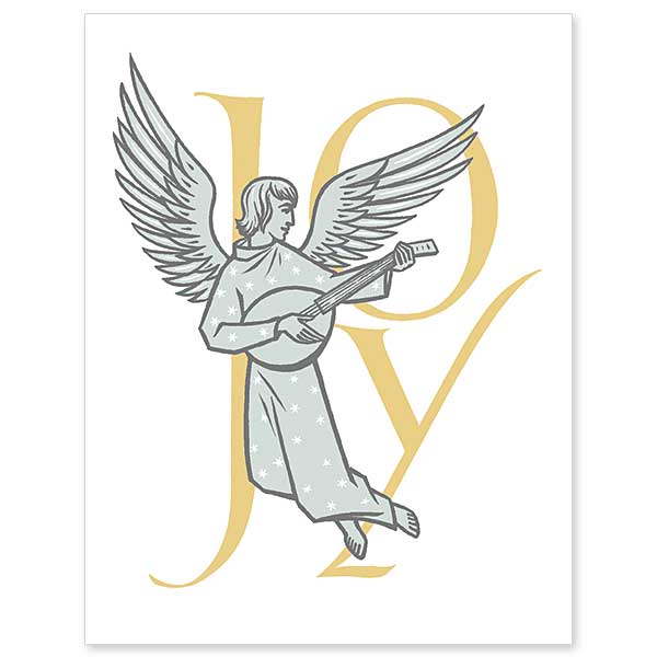 Angel playing lute with large calligraphy letters reading JOY. Vintage calligraphy from the Printery House Heritage Collection by artist William Cladek.