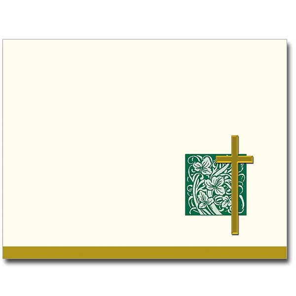 These distinctive Christian notes are printed on a beautiful ivory colored stock with vellum finish and come with matching envelopes. This collection features an embossed foil cross with four different background designs and four foil colors. Ideal for a quick &quot;hello&quot; or &quot;thank you,&quot; these cards are also perfect for custom invitations or as a gift idea. Notes are blank inside for your message. They are packaged in a gold gift box.