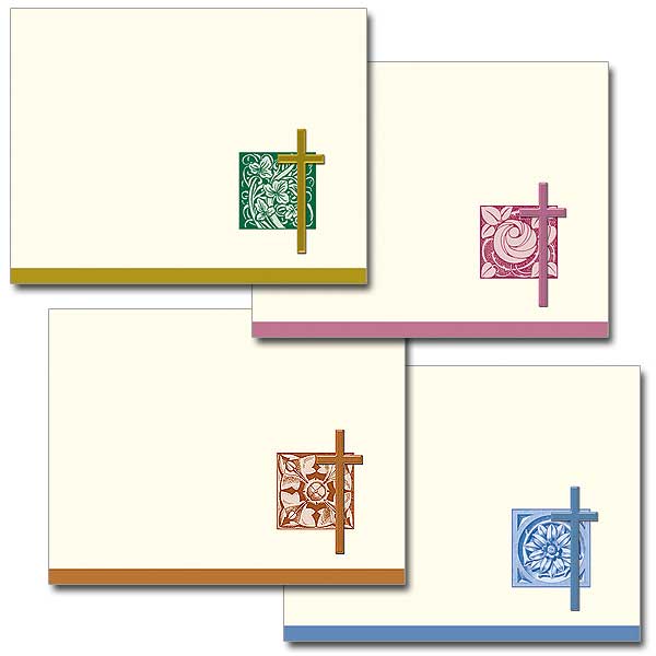 These distinctive Christian notes are printed on a beautiful ivory colored stock with vellum finish and come with matching envelopes. This collection features an embossed foil cross with four different background designs and four foil colors. Ideal for a quick &quot;hello&quot; or &quot;thank you,&quot; these cards are also perfect for custom invitations or as a gift idea. They are packaged in a gold gift box.