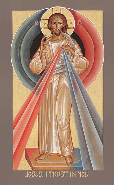 On February 22, 1931, Saint Faustina Kowalska experienced a vision of Christ dressed in white with two beams of colored light shining forth from His heart. Christ told the saint to have an artist paint what she saw, that people might venerate Him and know of the Divine Mercy ready for all who turn to Him. This icon was written by Father Pachomius Meade, O.S.B., a monk of Conception Abbey.