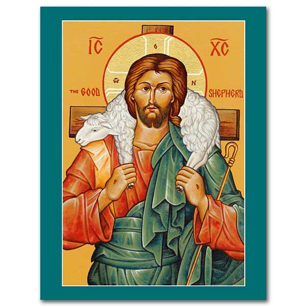 This icon portrays Christ with a lamb on his shoulders and a shepherd's staff in the crook of his arm. A cross behind him reminds us of his teaching: "The good shepherd lays down his life for the sheep" (John 10:11).