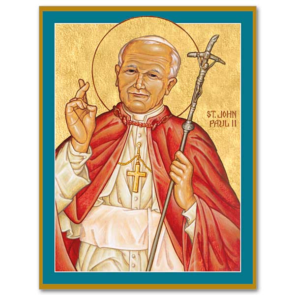 Image of Saint Pope John Paul II holding his cross crosier in his left hand with his right hand extended in blessing.
