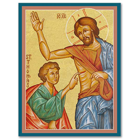 Icon image of St. Thomas placing his finger in Christ's wounded side. Also called "The Touching of Thomas."