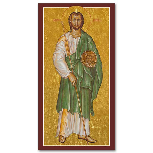 Icon image of St. Jude, patron of desperate situations and of hospitals. He wears a green mantle over a white tunic and carries a staff in his left hand and an image of Jesus in his right.