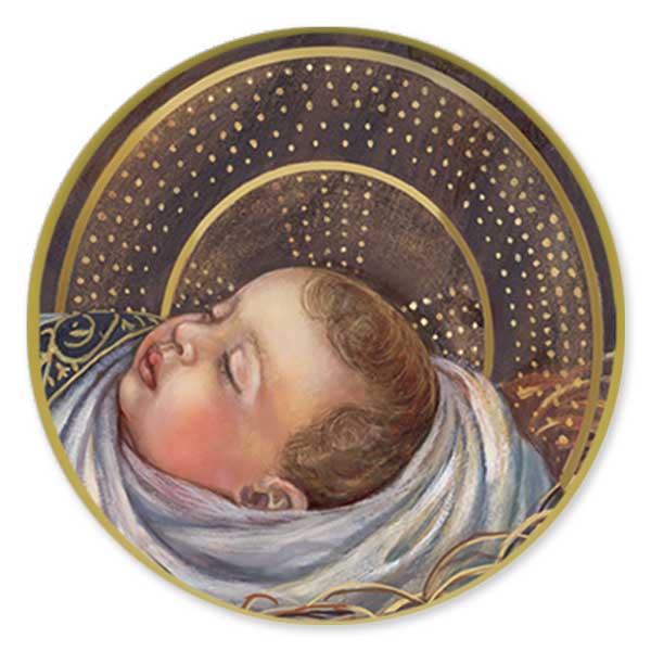 Circular seal featuring the head of the Christ Child to coordinate with CR2115. 30 per sheet.